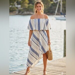 Gibson Latimer | Blue & Cream Off-the-Shoulder Asymmetrical Sundress | Sz M